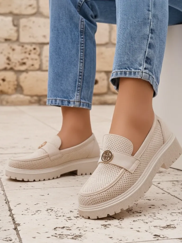 Clearance Loafers damskie Callista beżowe z eko-zamszu na płaskiej podeszwie 4 cm Półbuty|Mokasyny Na Płaskiej Podeszwie