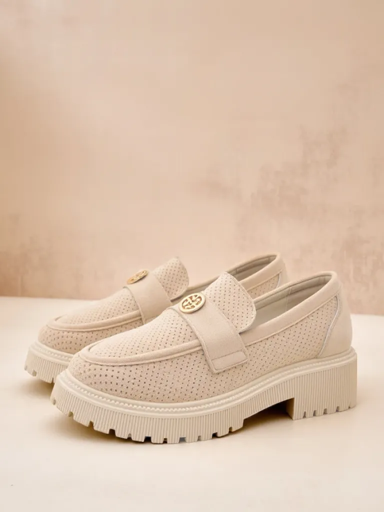 Clearance Loafers damskie Callista beżowe z eko-zamszu na płaskiej podeszwie 4 cm Półbuty|Mokasyny Na Płaskiej Podeszwie