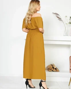 Clearance Musztardowa sukienka maxi z gumką w pasie- Odzież Sukienki Letnie|Sukienki Długie
