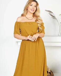 Clearance Musztardowa sukienka maxi z gumką w pasie- Odzież Sukienki Letnie|Sukienki Długie