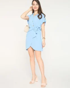 Best Niebieska damska mini sukienka z wiązaniem - Odzież Sukienki Letnie|Sukienki Krótkie