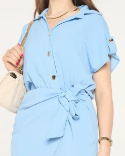 Best Niebieska damska mini sukienka z wiązaniem - Odzież Sukienki Letnie|Sukienki Krótkie