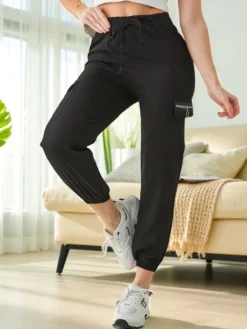 Outlet Pantaloni Elenna Sportowe Długie Czarne z Kieszonią Spodnie Materiałowe