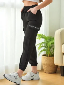 Outlet Pantaloni Elenna Sportowe Długie Czarne z Kieszonią Spodnie Materiałowe