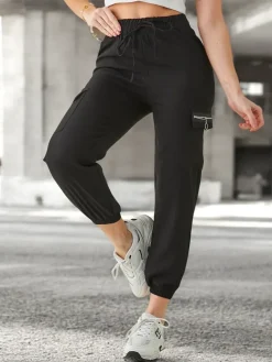 Outlet Pantaloni Elenna Sportowe Długie Czarne z Kieszonią Spodnie Materiałowe