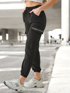 Outlet Pantaloni Elenna Sportowe Długie Czarne z Kieszonią Spodnie Materiałowe