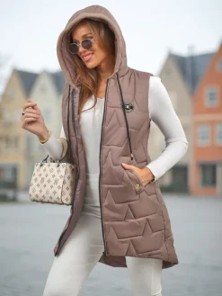 Clearance Pikowana długa kamizelka damska z kapturem Echo Shard Kurtki / Marynarki / Płaszcze