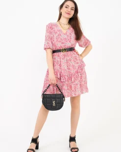 Discount Różowa damska mini sukienka we wzorki - Odzież Sukienki Letnie|Sukienki Krótkie