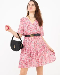 Discount Różowa damska mini sukienka we wzorki - Odzież Sukienki Letnie|Sukienki Krótkie