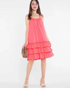 Discount Różowa owa damska sukienka na ramiączkach z falbankami - Odzież Sukienki Krótkie