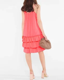 Discount Różowa owa damska sukienka na ramiączkach z falbankami - Odzież Sukienki Krótkie