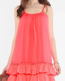 Discount Różowa owa damska sukienka na ramiączkach z falbankami - Odzież Sukienki Krótkie