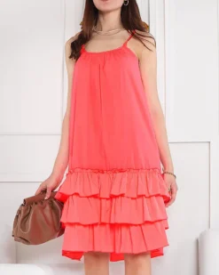 Discount Różowa owa damska sukienka na ramiączkach z falbankami - Odzież Sukienki Krótkie