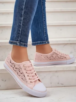 Clearance Różowe trampki damskie Tkanina Kalipso – ażurowe sneakersy na płaskiej podeszwie Ugc|Trampki