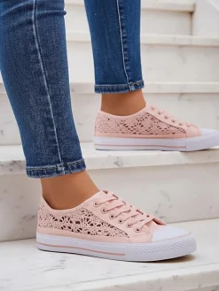 Clearance Różowe trampki damskie Tkanina Kalipso – ażurowe sneakersy na płaskiej podeszwie Ugc|Trampki