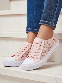 Clearance Różowe trampki damskie Tkanina Kalipso – ażurowe sneakersy na płaskiej podeszwie Ugc|Trampki