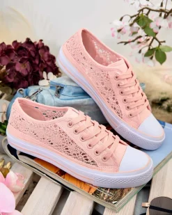 Clearance Różowe trampki damskie Tkanina Kalipso – ażurowe sneakersy na płaskiej podeszwie Ugc|Trampki