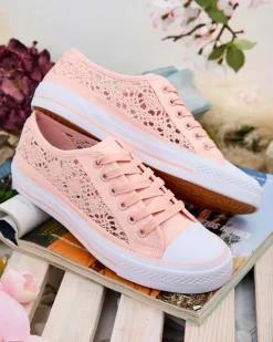 Clearance Różowe trampki damskie Tkanina Kalipso – ażurowe sneakersy na płaskiej podeszwie Ugc|Trampki