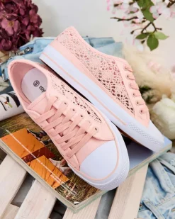 Clearance Różowe trampki damskie Tkanina Kalipso – ażurowe sneakersy na płaskiej podeszwie Ugc|Trampki