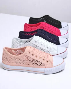 Clearance Różowe trampki damskie Tkanina Kalipso – ażurowe sneakersy na płaskiej podeszwie Ugc|Trampki