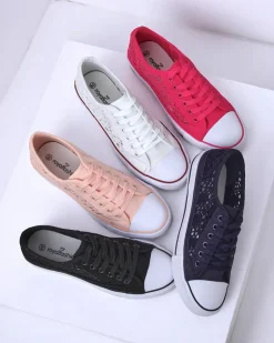 Clearance Różowe trampki damskie Tkanina Kalipso – ażurowe sneakersy na płaskiej podeszwie Ugc|Trampki