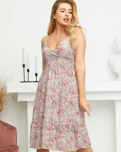 Outlet Różowo-zielona damska letnia sukienka w kwiatki - Odzież Sukienki Letnie|Sukienki Krótkie