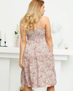 Outlet Różowo-zielona damska letnia sukienka w kwiatki - Odzież Sukienki Letnie|Sukienki Krótkie