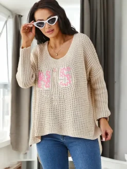 Best Akrylowy damski sweter dzianinowy z napisami Swetry