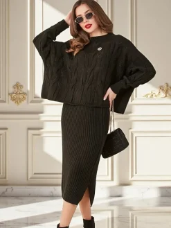 Outlet Akrylowy pleciony komplet damski ze swetrem i spódnicą Warm&Fuzzy Damskie Komplety Damskie