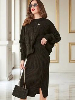 Outlet Akrylowy pleciony komplet damski ze swetrem i spódnicą Warm&Fuzzy Damskie Komplety Damskie