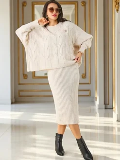 Best Akrylowy pleciony komplet damski ze swetrem i spódnicą Warm&Fuzzy Damskie Komplety Damskie