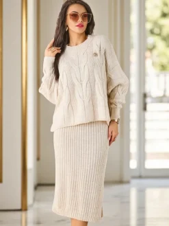 Best Akrylowy pleciony komplet damski ze swetrem i spódnicą Warm&Fuzzy Damskie Komplety Damskie