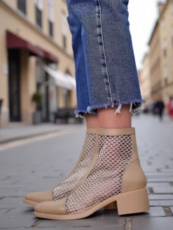 Sale Ażurowe Damskie botki na niskim obcasie Rowices Botki Bez Ocieplenia|Botki Na Płaskim Obcasie