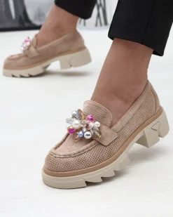 Clearance Ażurowe jasnobrązowe mokasyny damskie Peloga Półbuty|Mokasyny Na Płaskiej Podeszwie