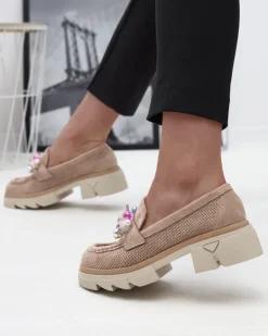 Clearance Ażurowe jasnobrązowe mokasyny damskie Peloga Półbuty|Mokasyny Na Płaskiej Podeszwie