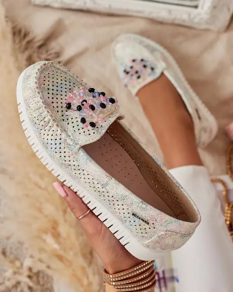 Discount Ażurowe mokasyny damskie z koralikami Namis Półbuty|Mokasyny Na Płaskiej Podeszwie