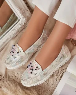 Discount Ażurowe mokasyny damskie z koralikami Namis Półbuty|Mokasyny Na Płaskiej Podeszwie
