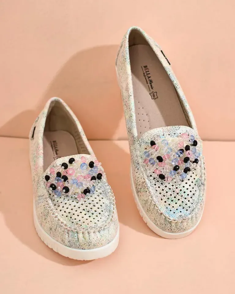 Discount Ażurowe mokasyny damskie z koralikami Namis Półbuty|Mokasyny Na Płaskiej Podeszwie