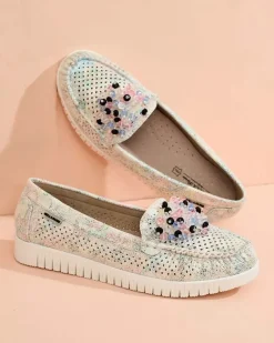 Discount Ażurowe mokasyny damskie z koralikami Namis Półbuty|Mokasyny Na Płaskiej Podeszwie