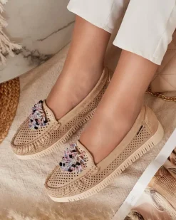 Ażurowe mokasyny damskie z koralikami Namis Półbuty|Mokasyny Na Płaskiej Podeszwie