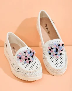 Ażurowe mokasyny damskie z koralikami Namis Półbuty|Mokasyny Na Płaskiej Podeszwie