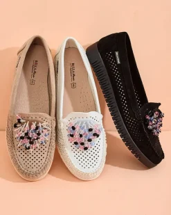 Ażurowe mokasyny damskie z koralikami Namis Półbuty|Mokasyny Na Płaskiej Podeszwie