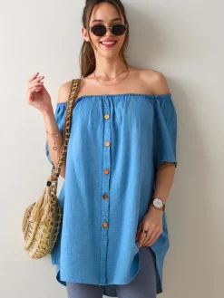 Outlet Bawełniana bluzka damska a'la hiszpanka z ozdobnymi guzikami Bluzki / Koszule / Koszulki