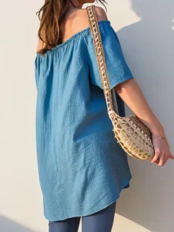 Outlet Bawełniana bluzka damska a'la hiszpanka z ozdobnymi guzikami Bluzki / Koszule / Koszulki