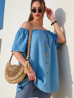 Outlet Bawełniana bluzka damska a'la hiszpanka z ozdobnymi guzikami Bluzki / Koszule / Koszulki