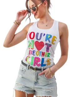 Discount Bawełniana bluzka bokserka damska na ramiączkach z napisami Bluzki / Koszule / Koszulki
