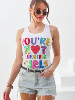 Discount Bawełniana bluzka bokserka damska na ramiączkach z napisami Bluzki / Koszule / Koszulki