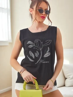 Best Bawełniana bluzka damska na ramiączkach z cyrkoniami FLOWERS Bluzki / Koszule / Koszulki