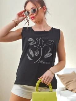 Best Bawełniana bluzka damska na ramiączkach z cyrkoniami FLOWERS Bluzki / Koszule / Koszulki