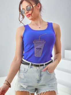 Online Bawełniana bluzka damska na ramiączkach z kubeczkiem z cyrkonii Bluzki / Koszule / Koszulki